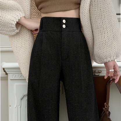 Women's Simple Commuter Straight-Leg Loose Elastic Pants, Draping Tweed Wide-Leg Trousers, Autumn-Winter Women's Clothing, Elegant Casual Long Pants, High-Waisted Suit Pants