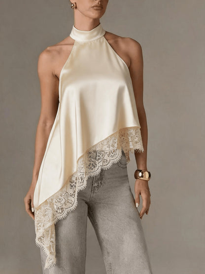 Halter Vest, Directional Style Elegant Temperament Top, Irregular Patchwork Lace Neckline