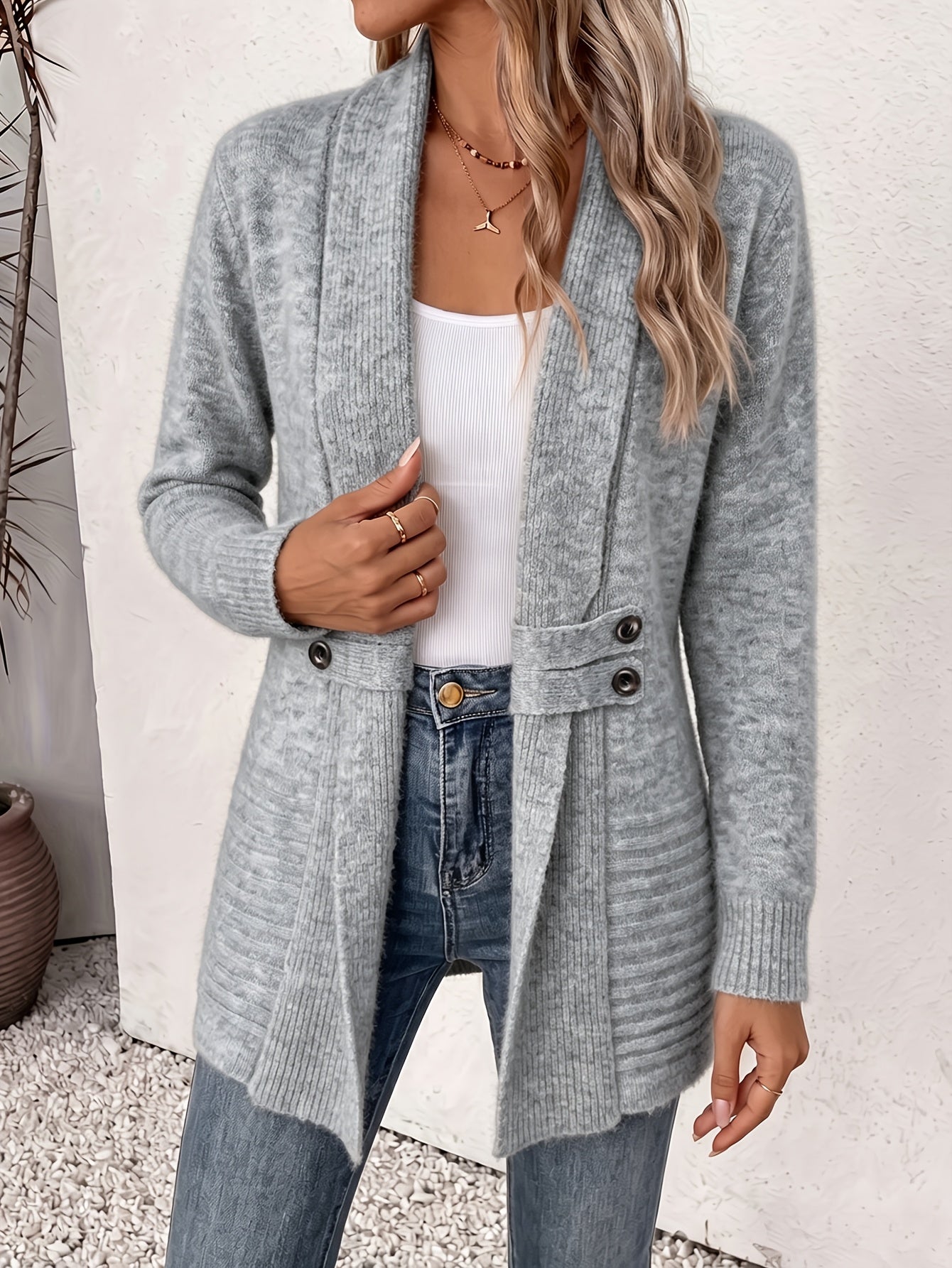 Women's Cardigan, Double-Breasted Decorative Belt Shawl and Cinched-Waist Design, Versatile Mid-Length Open-Front Sweater, Relaxed Style Elegant and Fashionable Loose Outerwear, Perfect for Daily Commutes or Casual, Spring/Autumn