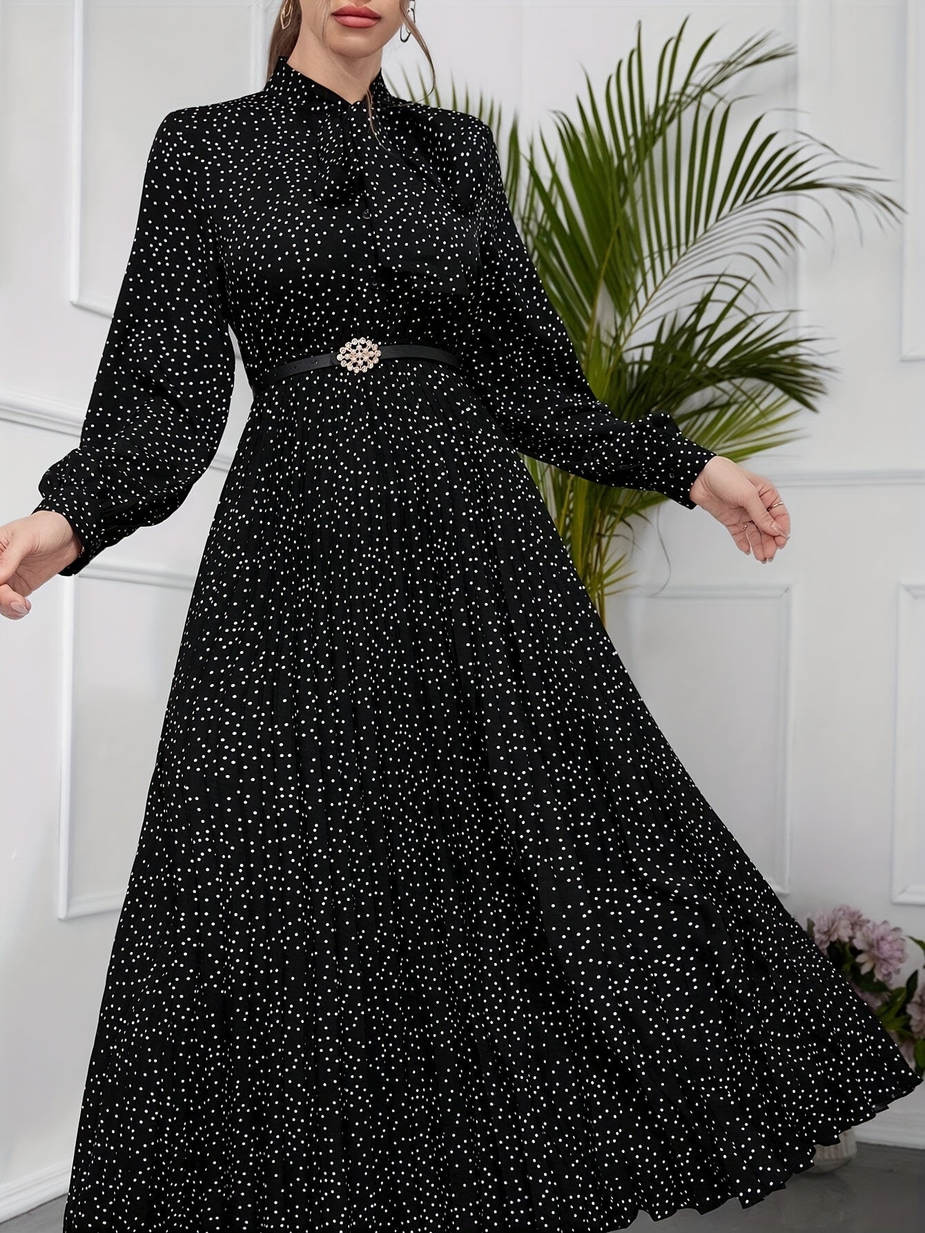Pleated Allover Print Tie Neck Dress, Elegant Long Sleeve Dress For Spring & Fall, Women's Clothing