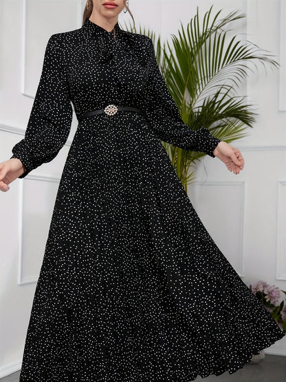 Pleated Allover Print Tie Neck Dress, Elegant Long Sleeve Dress For Spring & Fall, Women's Clothing