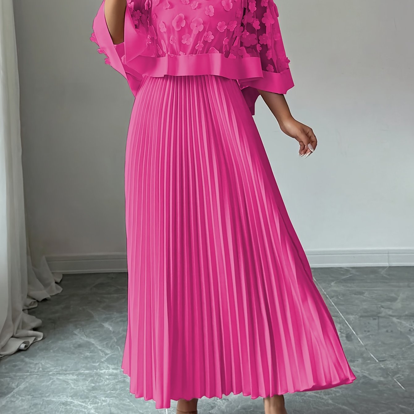 Elegant Floral Applique Two Piece Set for Women with Round Neck Flutter Sleeve Pleated Maxi Skirt Formal Style