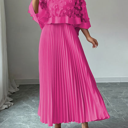 Elegant Floral Applique Two Piece Set for Women with Round Neck Flutter Sleeve Pleated Maxi Skirt Formal Style