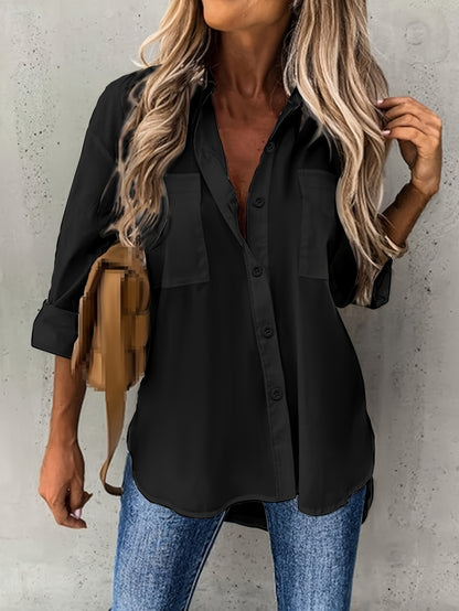Solid Color Button-Up Long Sleeve Shirt for Women
