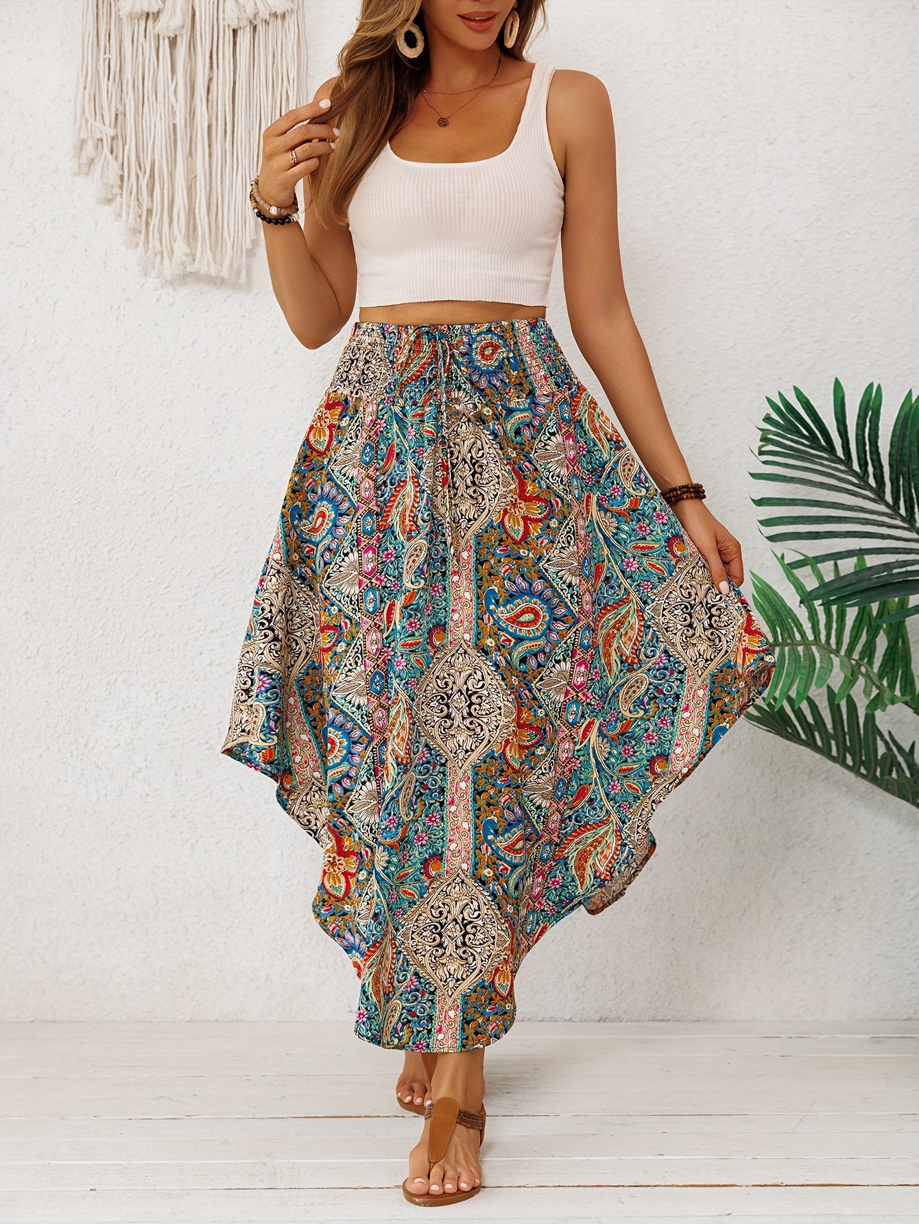 2026 Spring/Summer Bohemian Print Midi Skirt for Women, Elastic High Waist, Irregular Curved Hem, Flared Midi Dress, Vintage Ethnic Style, Vacation, Flowy, Beach, Casual Skirt