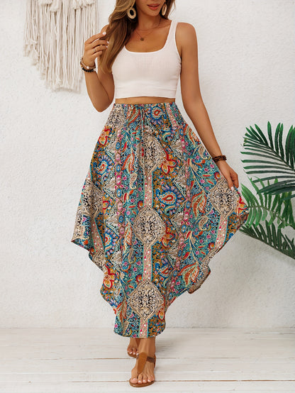 2026 Spring/Summer Bohemian Print Midi Skirt for Women, Elastic High Waist, Irregular Curved Hem, Flared Midi Dress, Vintage Ethnic Style, Vacation, Flowy, Beach, Casual Skirt