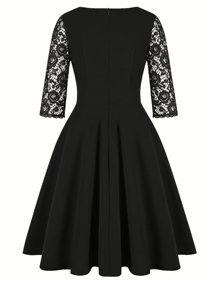 Vintage Floral Lace Party Swing Dress with a Square Neckline for Women