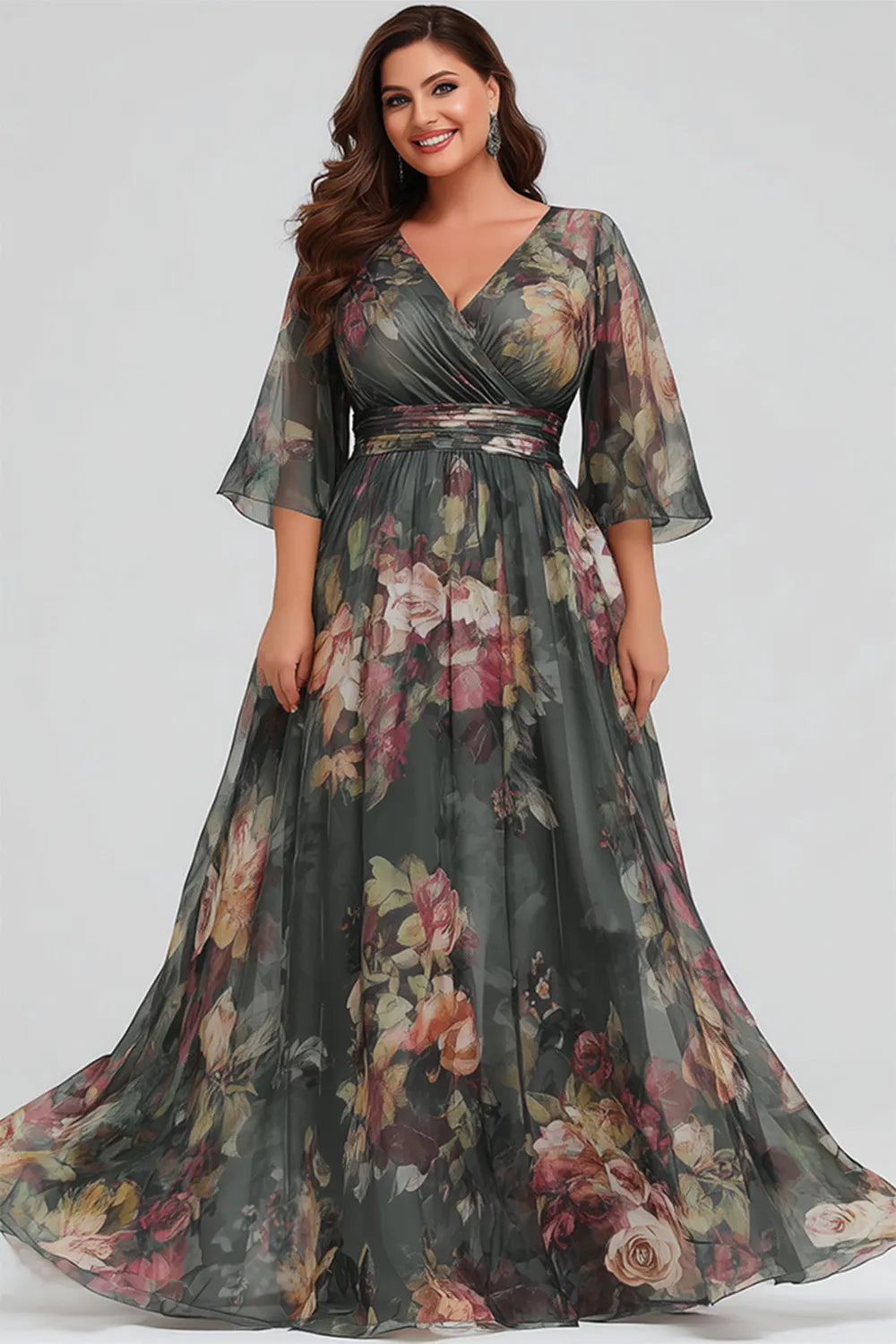 Flycurvy Plus Size Wedding Guest Dusty Green Chiffon Floral Print Wrap Flutter Sleeve Maxi Dress