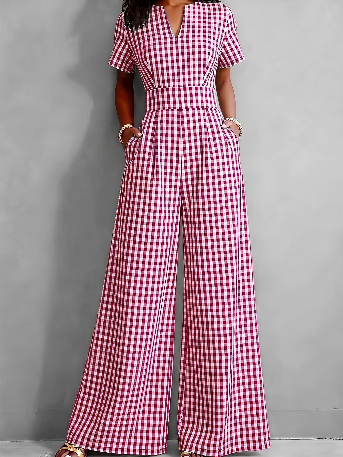 2026 Spring Summer Plaid V-Neck Short Sleeve Jumpsuit Women's, High-Waist Wide-Leg Straight Long Pants, Commute Casual Two-Wear, Waist-Cinching Design Flowing Wide-Leg Trousers