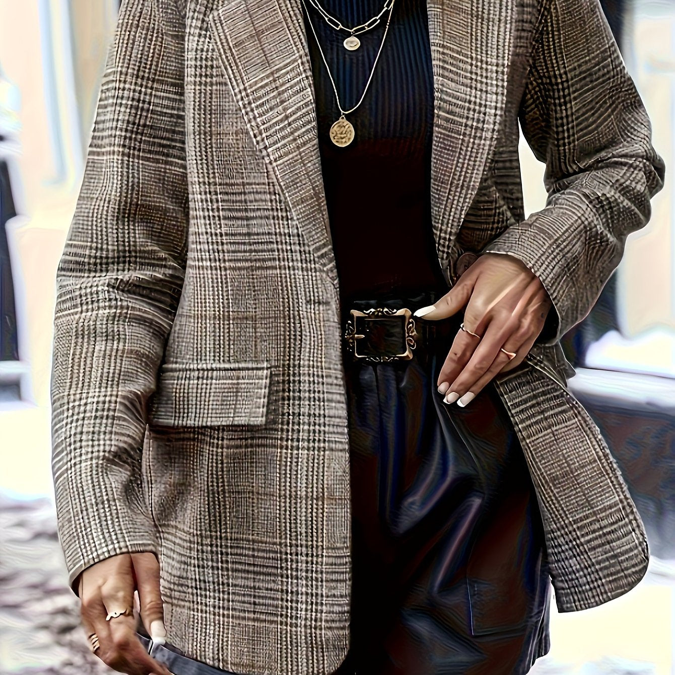 Women's Elegant Plaid Single-Button Design Blazer, Autumn-Winter Warm Commuter Office Casual Wear
