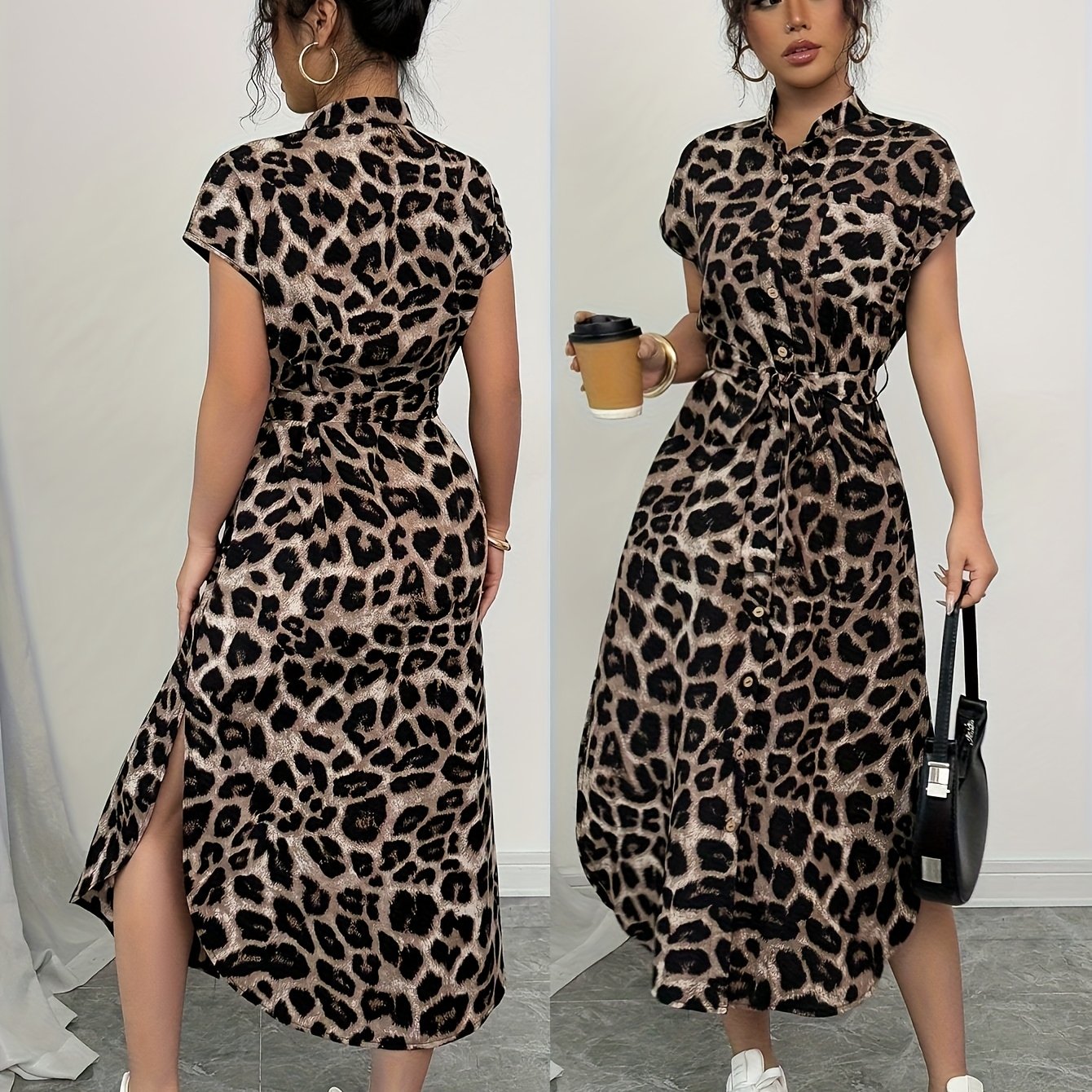 Elegant Leopard Print Midi Dress for Women - Short Sleeve, High-Low Hem, Button-Up Front, Machine Washable, Perfect for Casual or Vacation Style, Versatile Midi Dress | Short Sleeve Dress | Vacation Wear