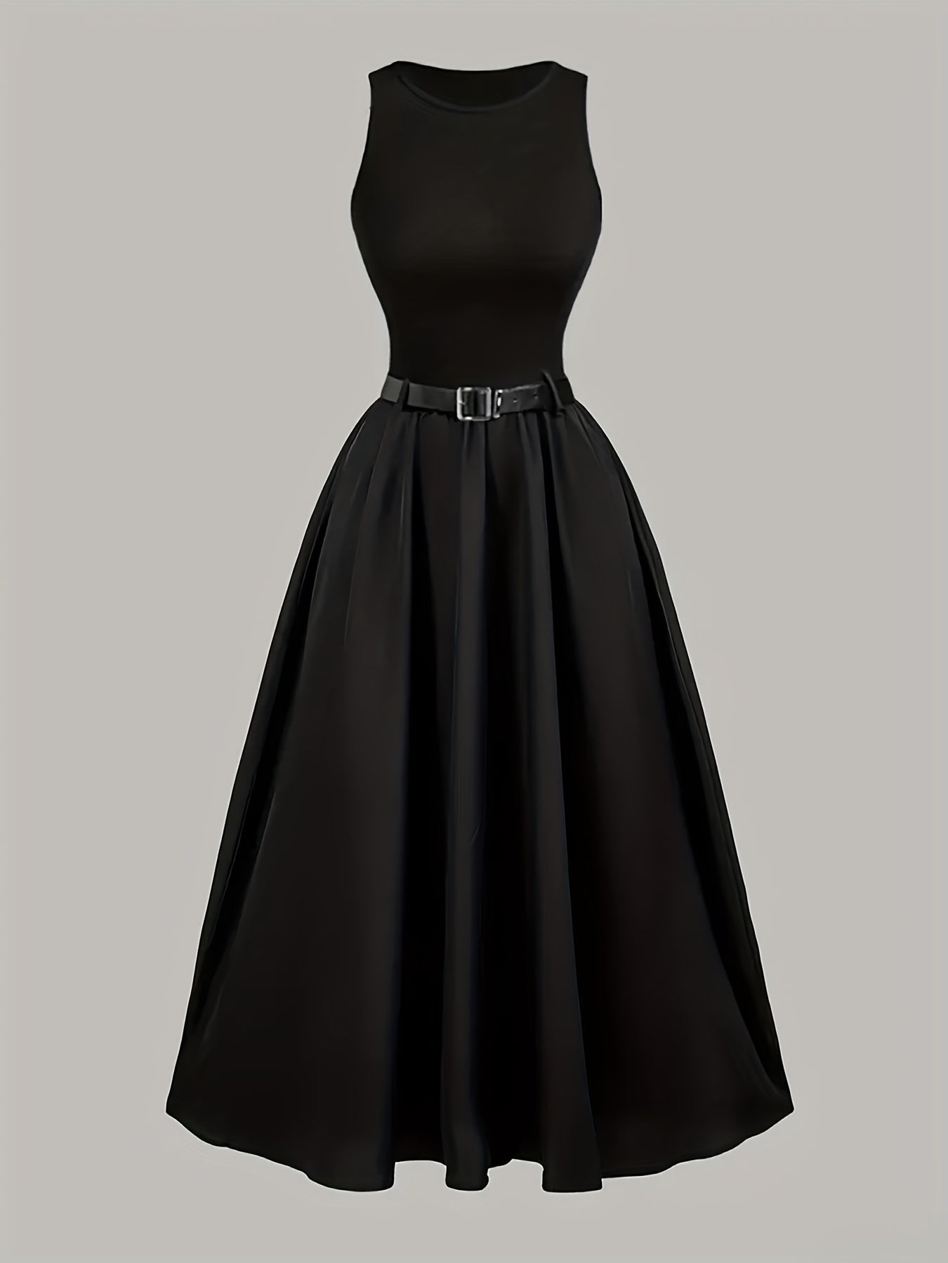 Elegant Black Sleeveless A-Line Midi Dress, Adjustable Waist Belt, Cinched Waist, Flowing Skirt, Round Neck, Perfect for Spring/Summer, Adult Women's Fashion, Formal Event Attire, Sleek Fitted Top
