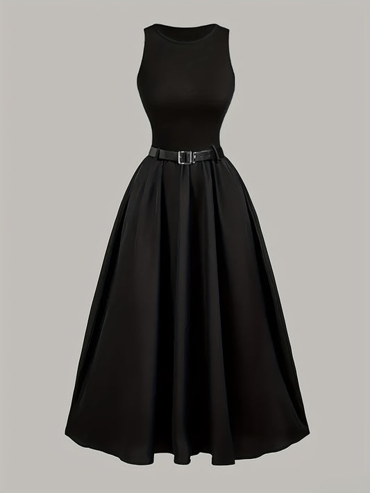 Elegant Black Sleeveless A-Line Midi Dress, Adjustable Waist Belt, Cinched Waist, Flowing Skirt, Round Neck, Perfect for Spring/Summer, Adult Women's Fashion, Formal Event Attire, Sleek Fitted Top