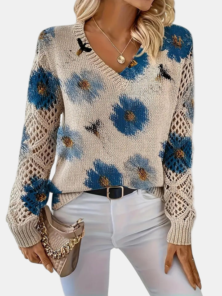 Women's Sweater | Floral Knit V-Neck