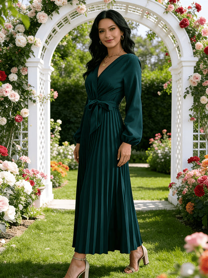 Directed Hot Style Real Shot 2024 European And American Spring And Autumn Temperament Cross V-Neck Large Swing Pleated Long Dress