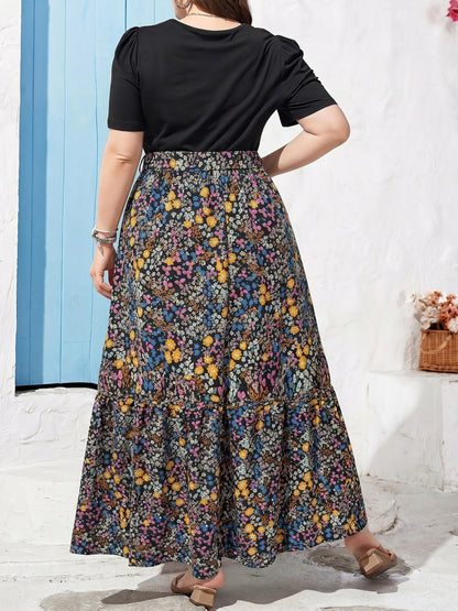 Plus Size Summer Dress, Round Neck, Puff Short Sleeves, Ruffled Hem, Plus Size Geometric Print Dress with Belt, Flowy Summer Vacation Dress, Cinched Waist Slim Fit Mid-Length Fashion Dress