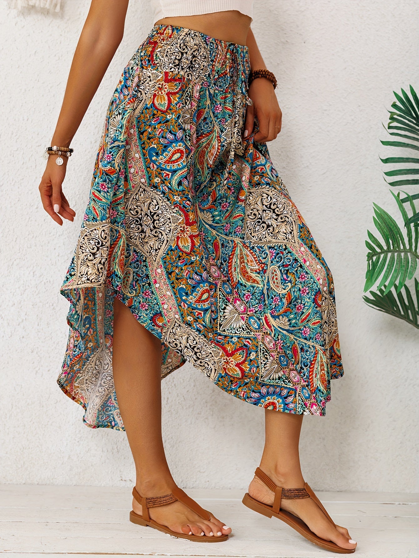 2026 Spring/Summer Bohemian Print Midi Skirt for Women, Elastic High Waist, Irregular Curved Hem, Flared Midi Dress, Vintage Ethnic Style, Vacation, Flowy, Beach, Casual Skirt