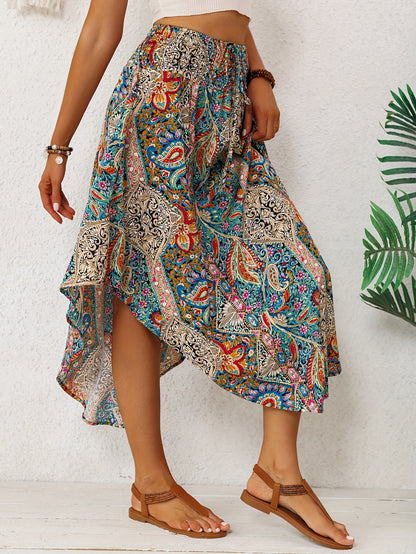 2026 Spring/Summer Bohemian Print Midi Skirt for Women, Elastic High Waist, Irregular Curved Hem, Flared Midi Dress, Vintage Ethnic Style, Vacation, Flowy, Beach, Casual Skirt