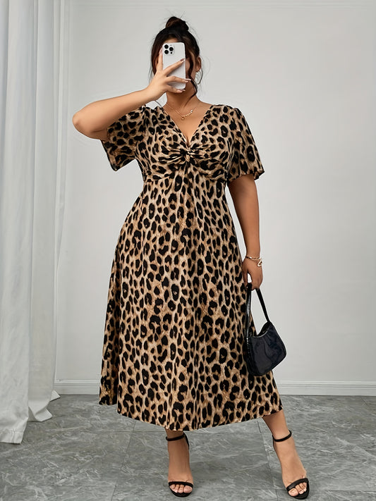 Plus Size, Vintage Leopard Print Short-sleeved Twist-waist Dress
