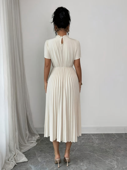 ZLLZ Trendy Summer New Style Women'S Solid Color Teardrop Back Collar Light Luxury Pearl Button Decoration with Waist-Cinching Pleated A-Line Design, Fashionable And, Women'S Fashion Dress Party Elegant Style Dress