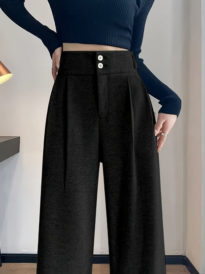 Women's Simple Commuter Straight-Leg Loose Elastic Pants, Draping Tweed Wide-Leg Trousers, Autumn-Winter Women's Clothing, Elegant Casual Long Pants, High-Waisted Suit Pants
