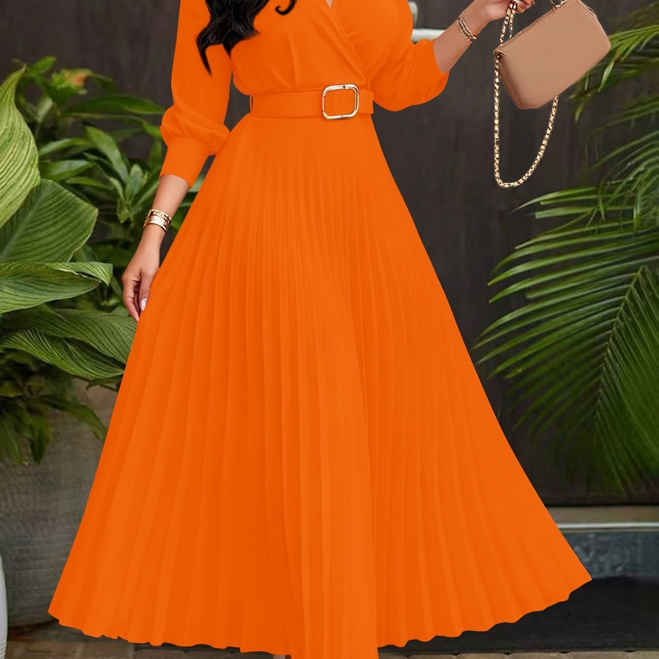 Spring/Summer Waist-Cinching Temperament Elegant Socialite Flared Solid Pleated Skirt with Belt Dress