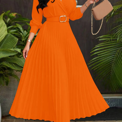 Spring/Summer Waist-Cinching Temperament Elegant Socialite Flared Solid Pleated Skirt with Belt Dress