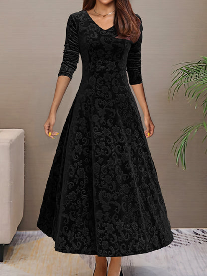Directional - New And Thinning Large Swing Skirt Women'S Clothing Golden Velvet Long Sleeve Dress Long Style