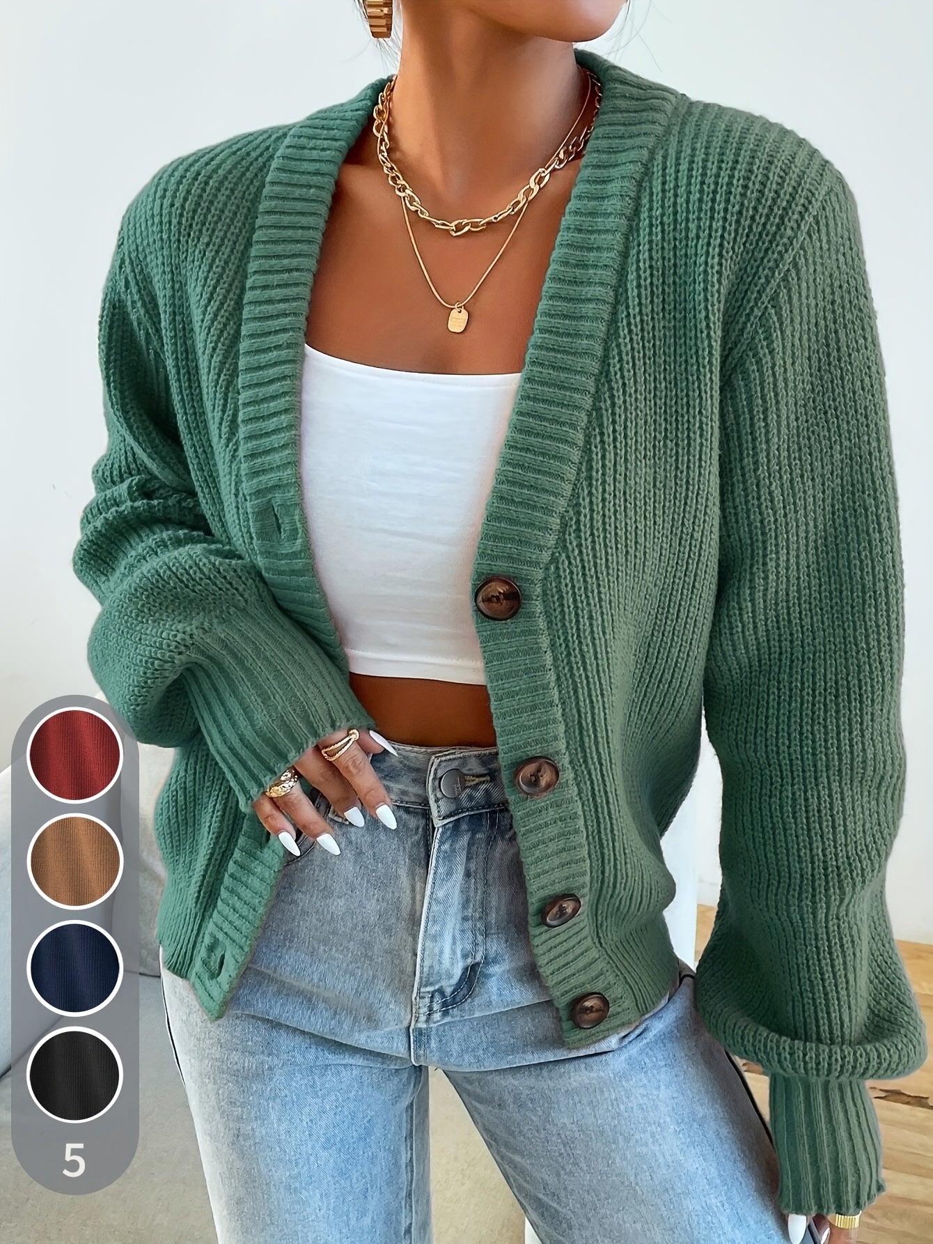 Self-designed Elegant Women's Solid Color Front-button Cardigan Sweater Coat for Spring and Autumn