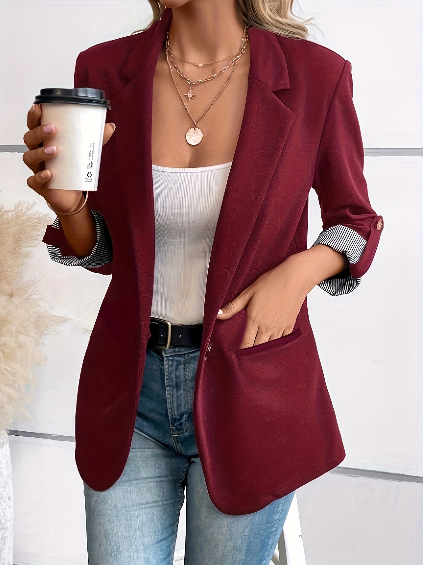 [Stylish cuffs jacket] Stylish Fashionable Women's Suit Jacket | Striped Stitching, Single-Button Casual