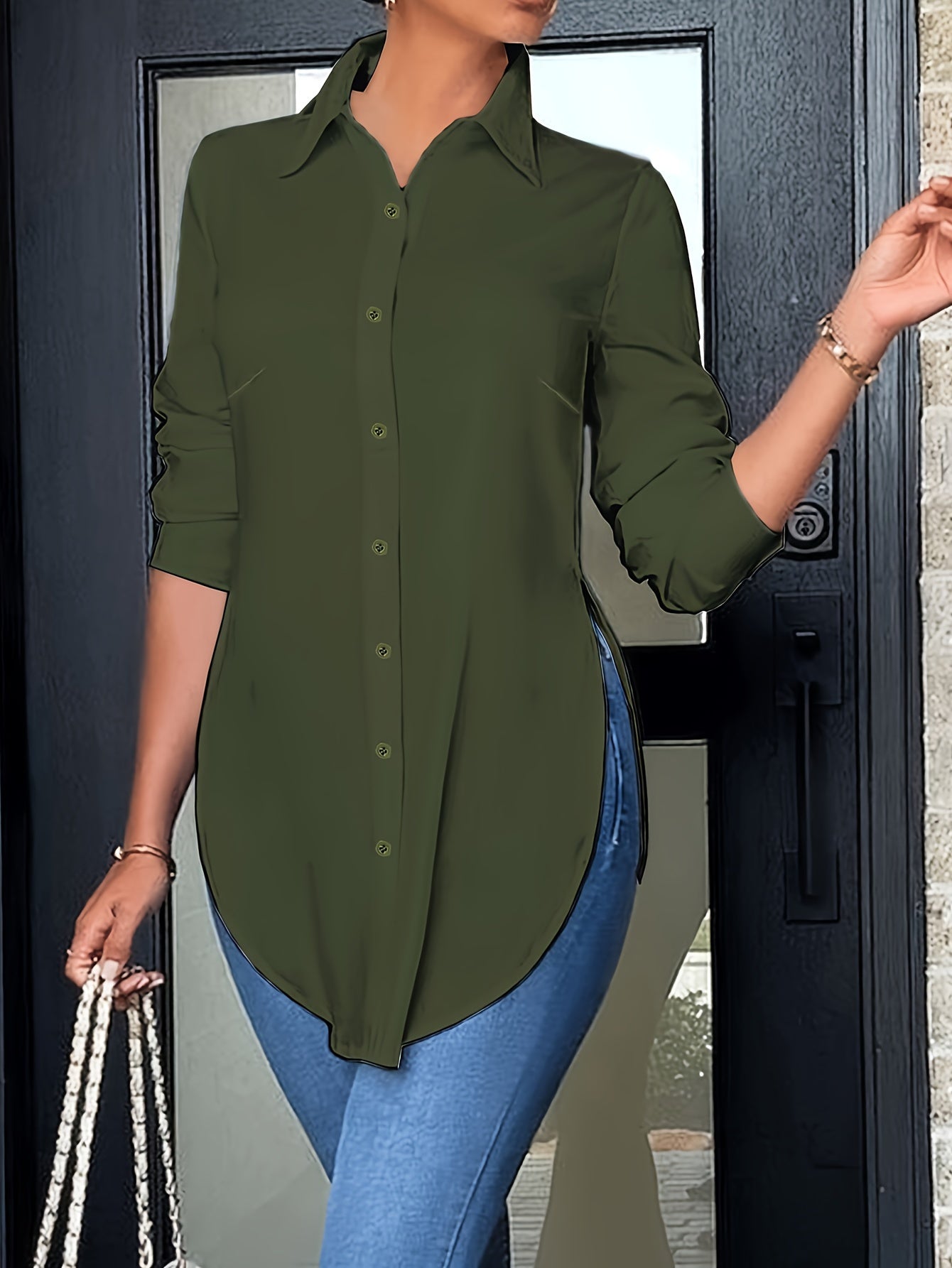 Women'S Elegant Long Sleeve Button-Front Blouse - Non-See-Through Shirt with Side Slit, All-Season Office & Everyday Blouse for Women, Professional Casual Outfits - Easy-care Clothing, Ladies Blouses, Work Attire, Stylish Shirt, Fashion Lovers