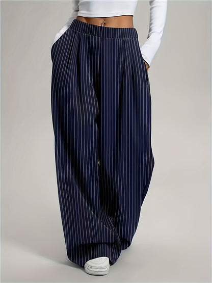 Women's Harem Pants, Fashion Striped Loose Wide-Leg Trousers with Vertical Pleats and Pocket Design, High-Waisted Full-Length Structured Non-Stretch Fabric, Suitable for All Seasons Professional and Semi-Formal Wear, Elegant Special
