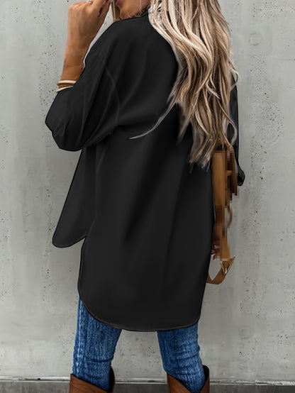 Solid Color Button-Up Long Sleeve Shirt for Women