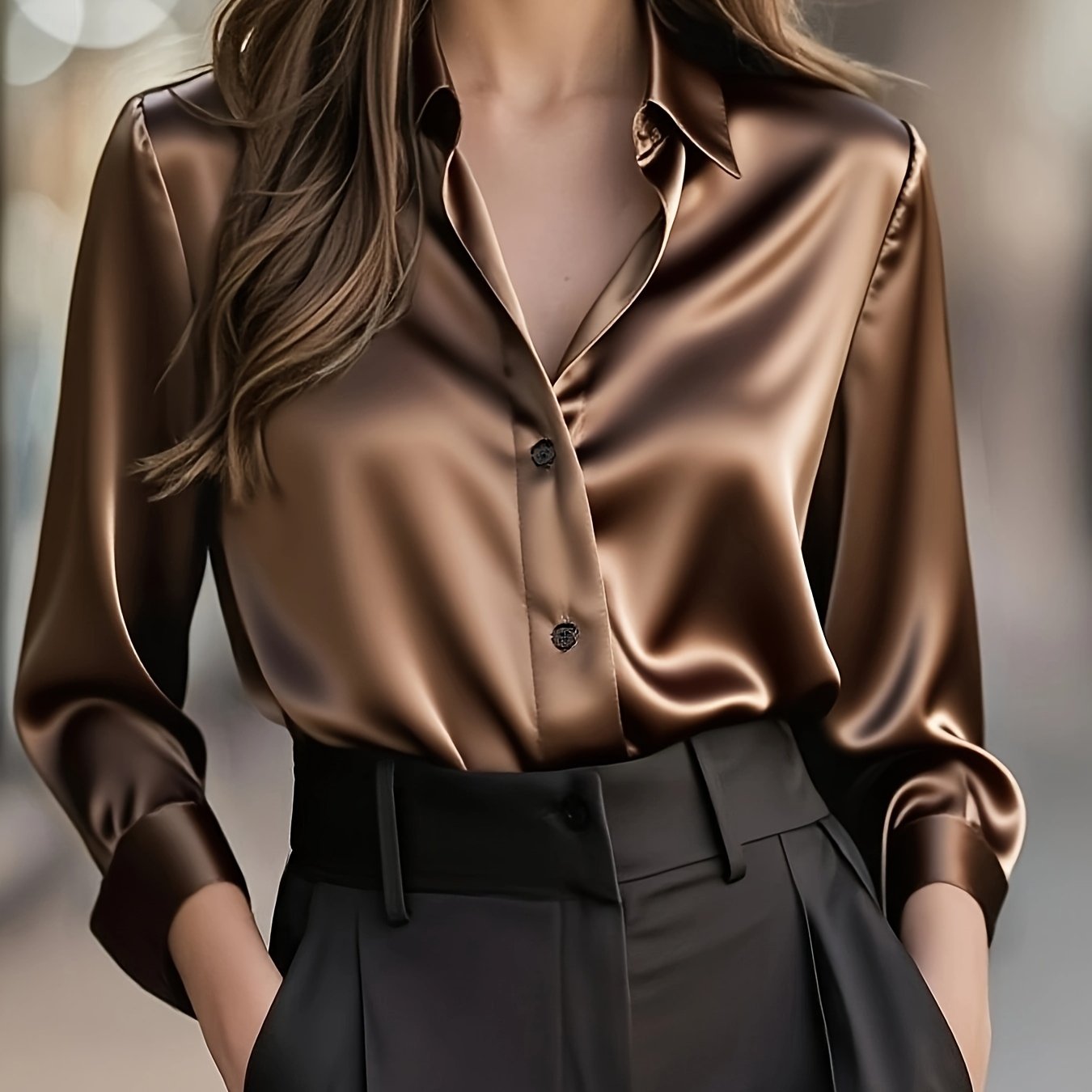 Women'S Spring Autumn Temperament Commuter Elegant Solid Satin Top