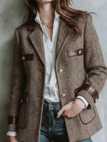 Retro Elegant Lapel Herringbone Commuting Fashion Patchwork Brown Women'S Blazer Jacket