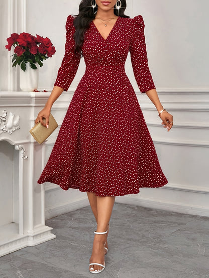 2026 New Valentine's Day, New Year Party, Suitable for Daily Work Wear, Suitable for All Seasons Elegant Fashion Versatile Daily Date V-Neck 3/4 Sleeve Waist Flared Long Red and Blue Women's Elegant Dress, Women's Polka Dot Small Heart Print Dress