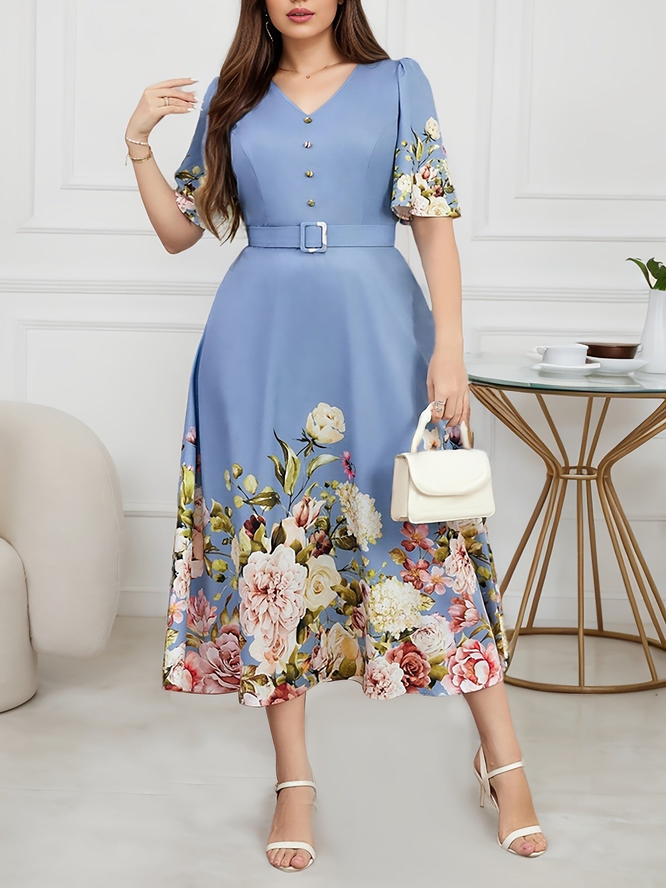 Plus Size, Plus Size Women's Spring/Summer Floral Print Elegant High-Waisted V-Neck Short Sleeve Dress