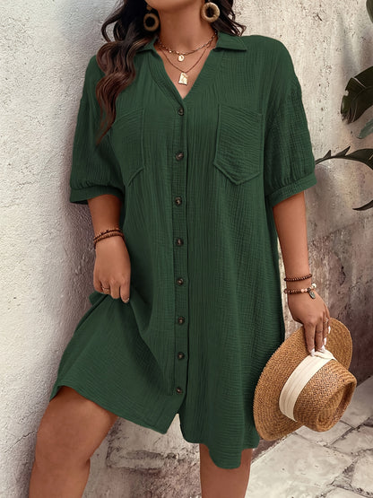 Plus Size - Plus Size - Plus Size Women'S Fashionable Retro Solid Color Short Sleeve Pocket Shirt Dress