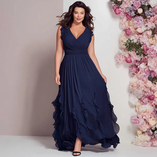 Elegant Navy Blue Chiffon Maxi Dress for Women with V Neck Sleeveless Ruffle Trim Flowing Wedding Guest Style