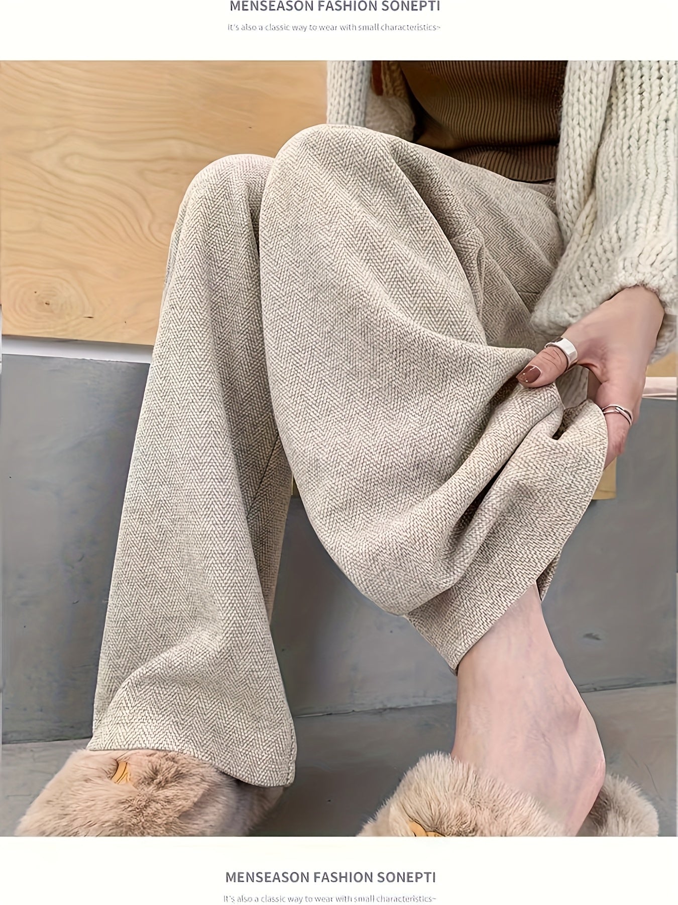 Women's Simple Commuter Straight-Leg Loose Elastic Pants, Draping Tweed Wide-Leg Trousers, Autumn-Winter Women's Clothing, Elegant Casual Long Pants, High-Waisted Suit Pants