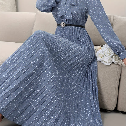 Pleated Allover Print Tie Neck Dress, Elegant Long Sleeve Dress For Spring & Fall, Women's Clothing