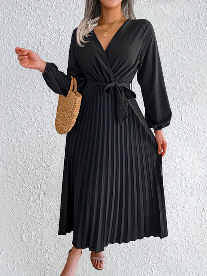 Style Autumn Winter Western Ins Hot Item Temperament V-Neck Flared Pleated Maxi Dress