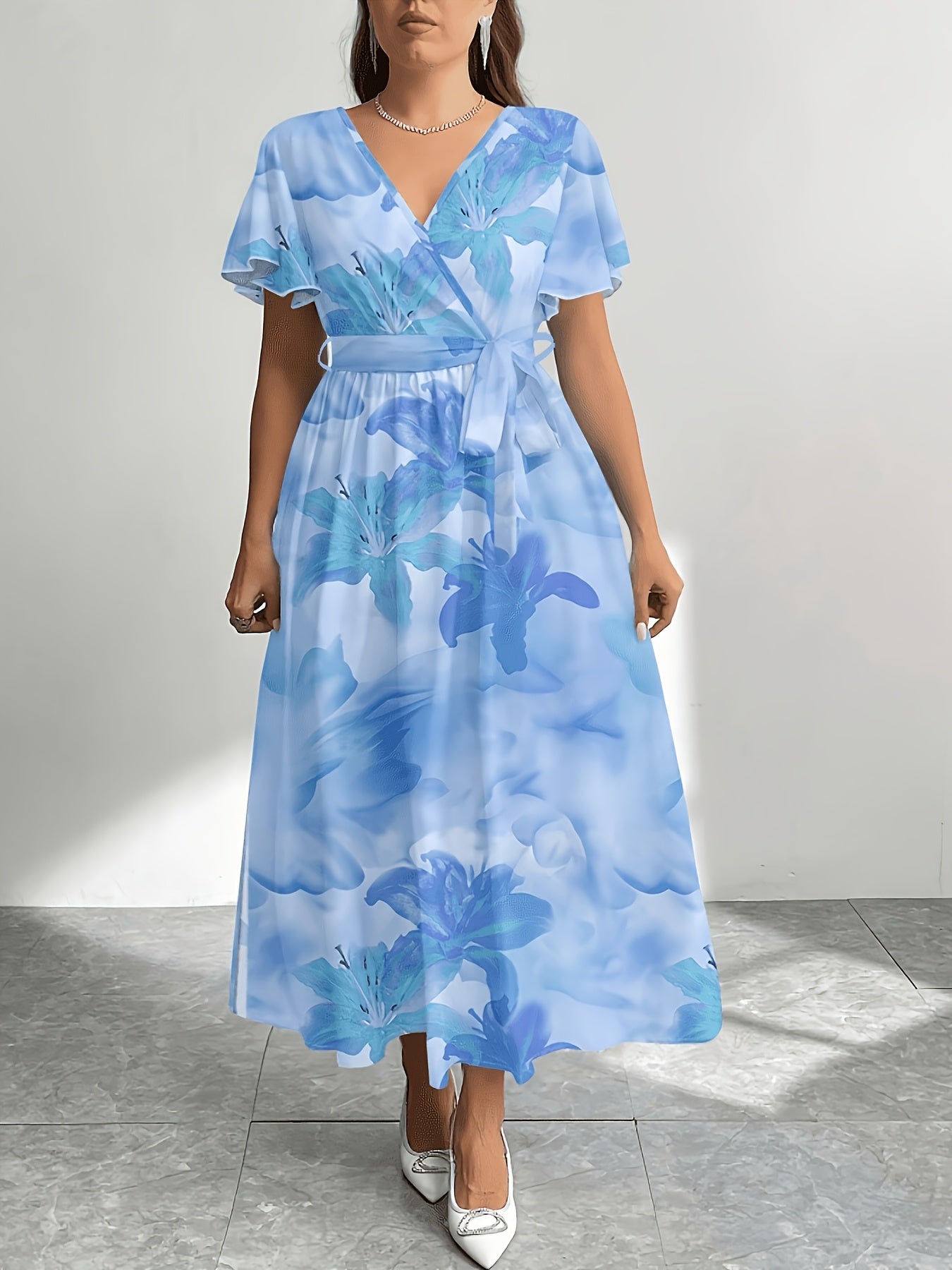 [Plus Size Summer Dress] Plus Size Women's Summer Dress | Printed Round Neck Short Sleeve Raglan Long | Christmas Set