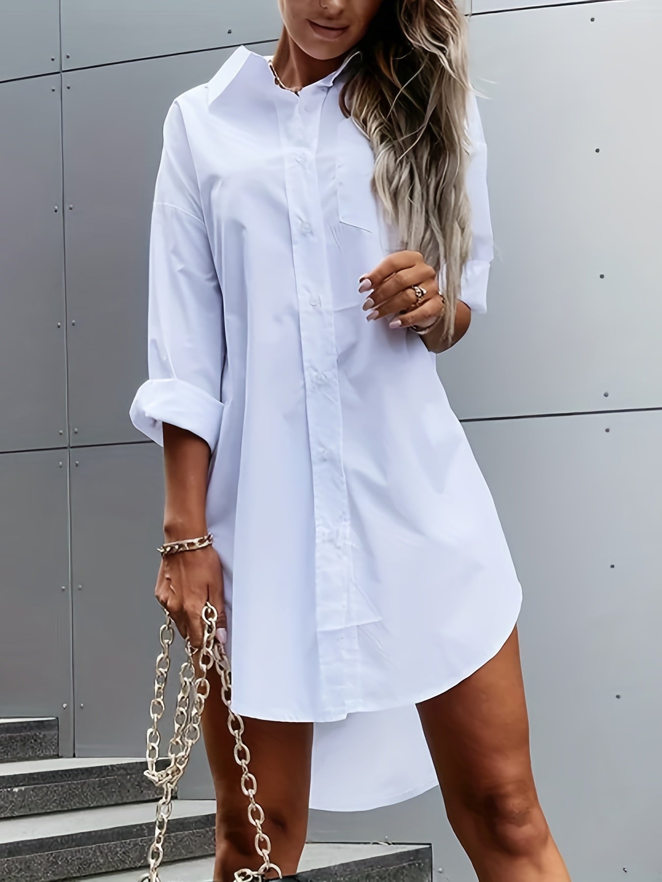 DZ042 Autumn Women'S Solid Color Button-Up Casual Shirt Dress
