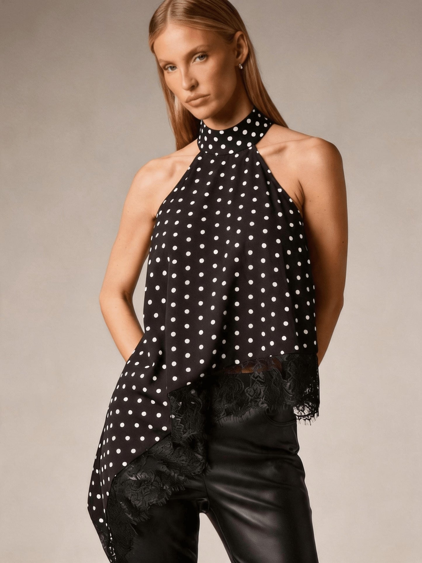 Halter Vest, Directional Style Elegant Temperament Top, Irregular Patchwork Lace Neckline