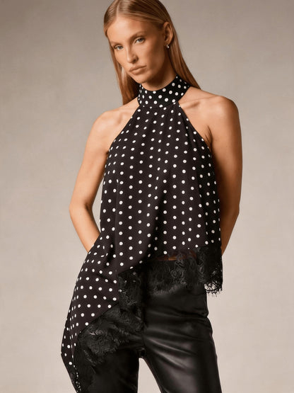 Halter Vest, Directional Style Elegant Temperament Top, Irregular Patchwork Lace Neckline