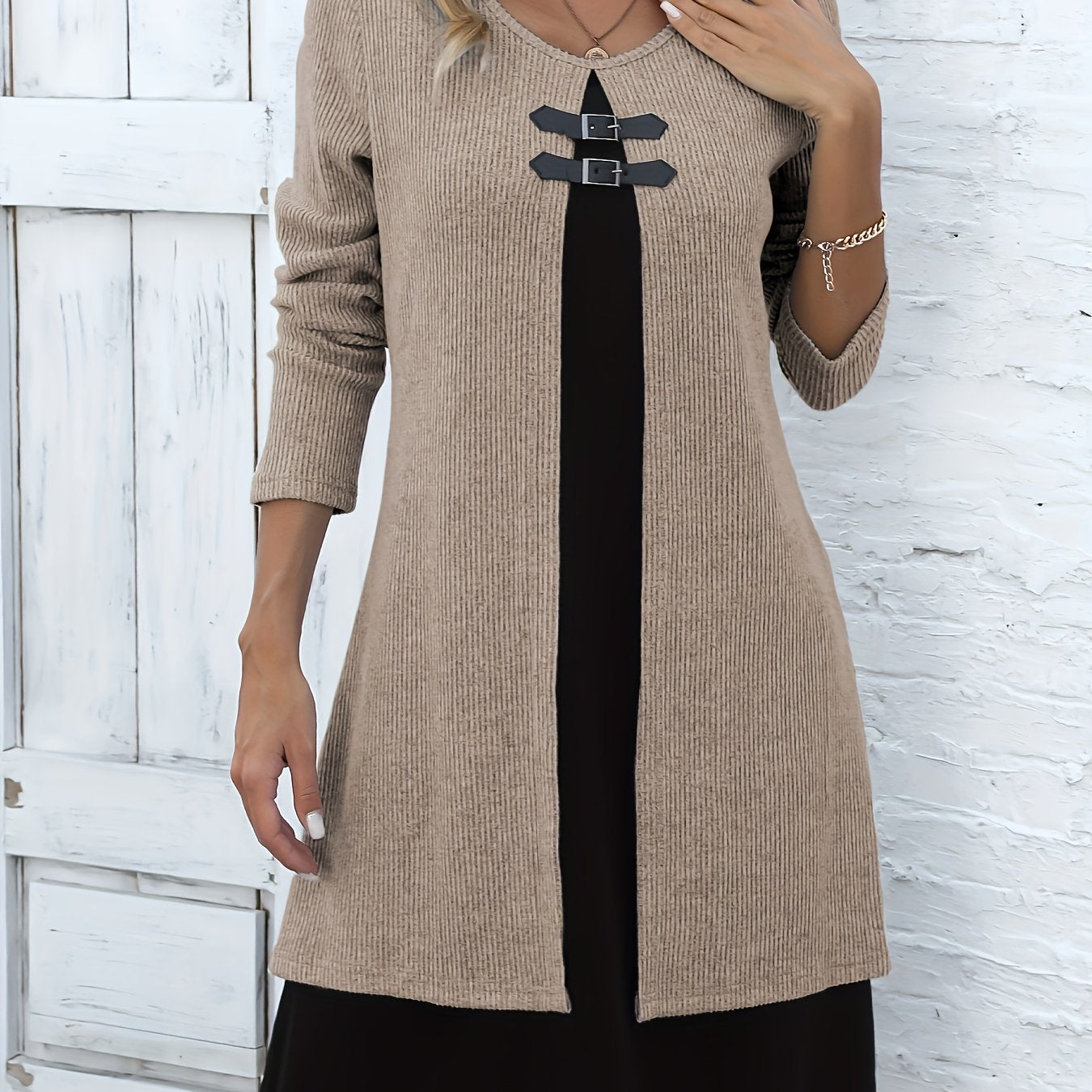 Autumn/Winter New Round Neck 2-in-1 Look Spliced Color-Block Women's Fashion Elegant Dress