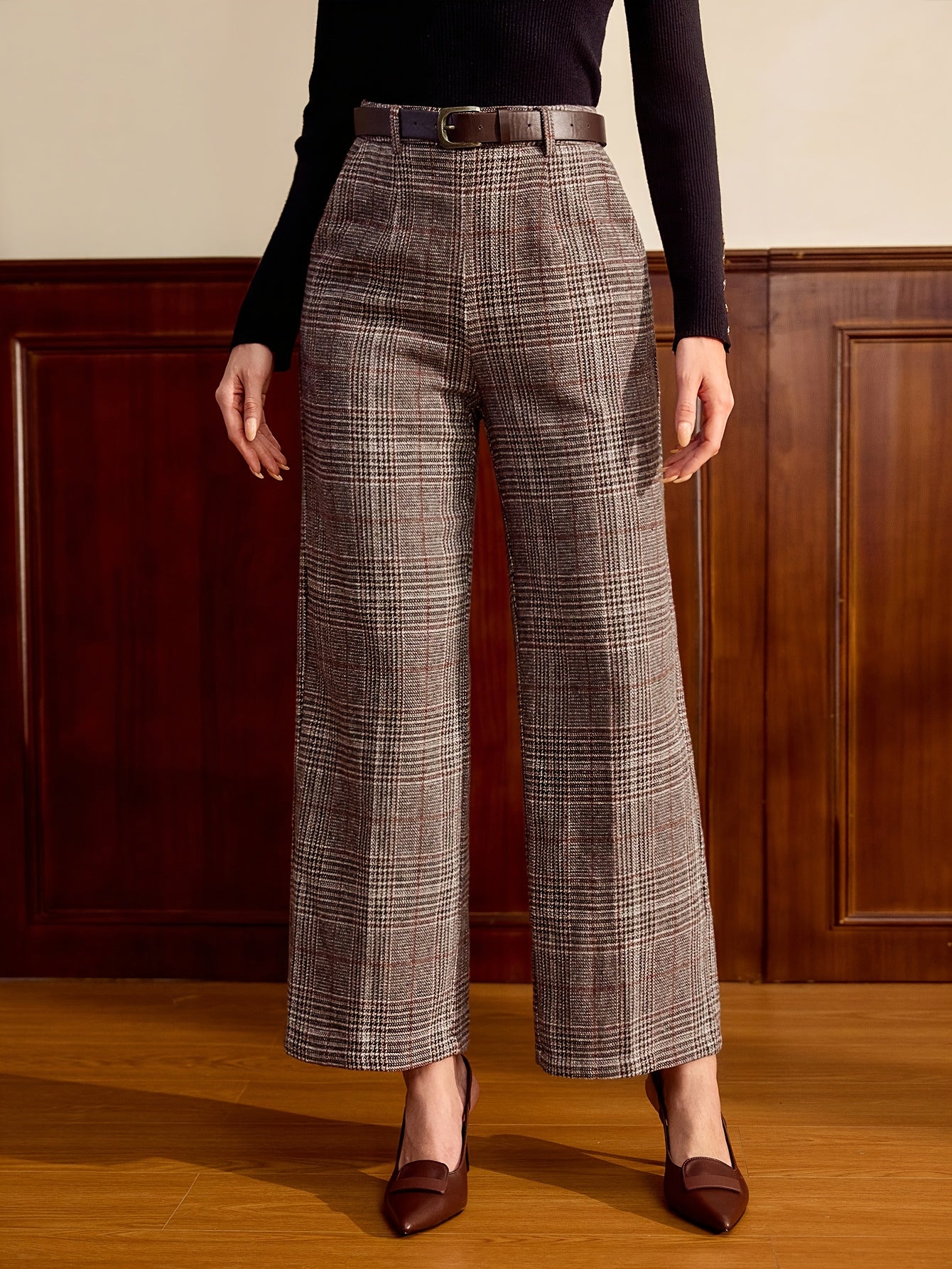 Women'S Elegant Plaid Button Loose Straight Long Pants for Autumn And Winter