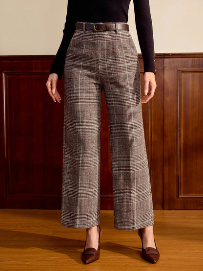 Women'S Elegant Plaid Button Loose Straight Long Pants for Autumn And Winter