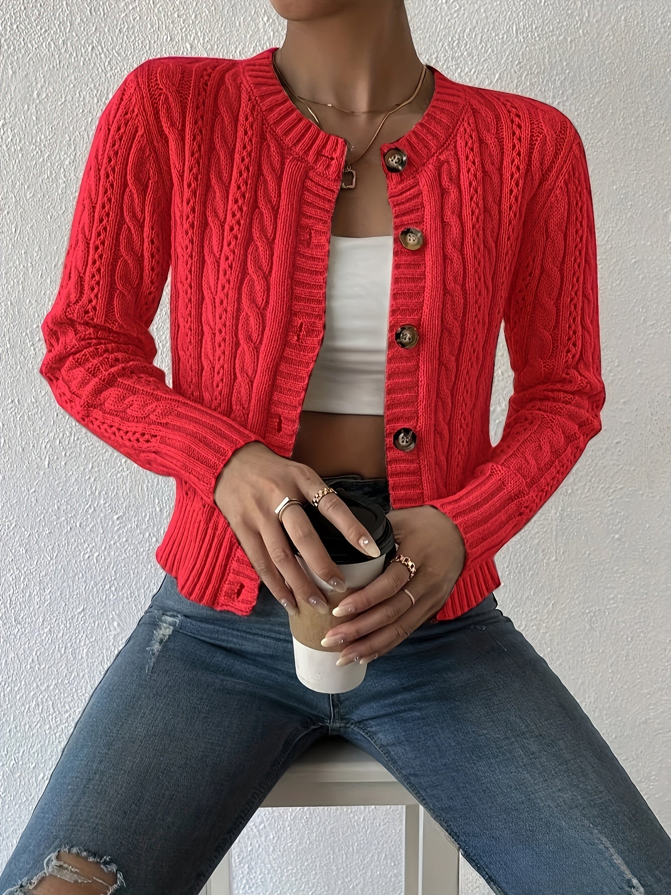 Mesh detail cable cardigan sweater